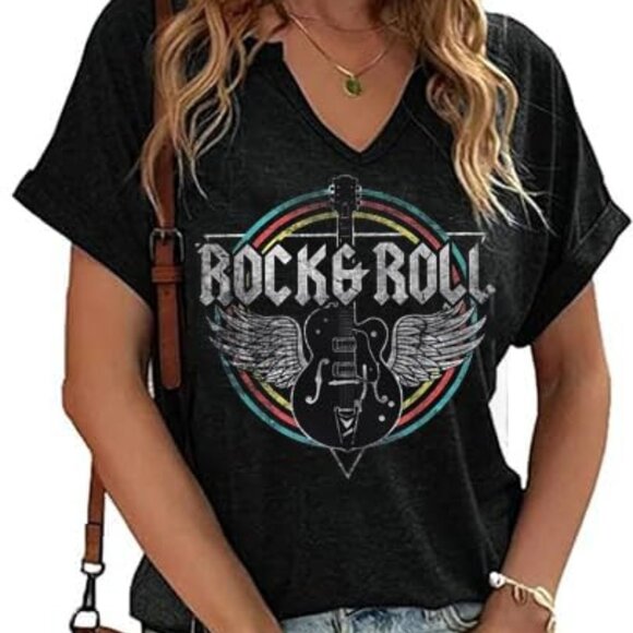 Vintage V-Neck Graphic Tee Rock Music Retro Chic Casual Short Sleeve Top - Picture 1 of 1